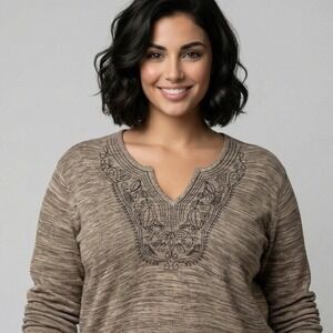 Express‎ Womens Brown Space Dye Embroidered Beaded V-Neck Cotton Sweater L Boho